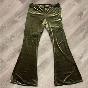 Imported Stretch Velvet Flared Pants in Olive Green